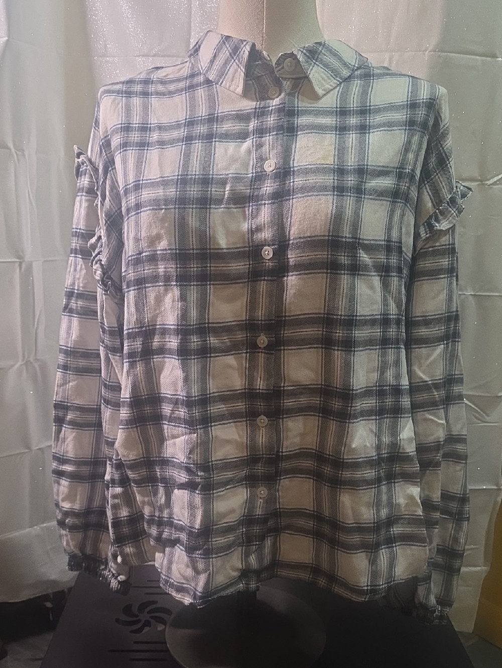 Candace Cameron Bure Blue and White Plaid Button-Down Shirt